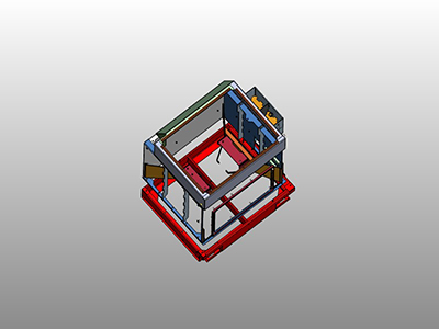 Eine 3D-CAD-Zeichnung eines technischen Bauteils, das eine Metallrahmenstruktur mit verschiedenen Komponenten zeigt.